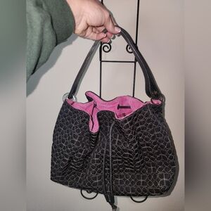 Kate Spade Black Pink Suede Double Leather Straps Bucket Bag Purse